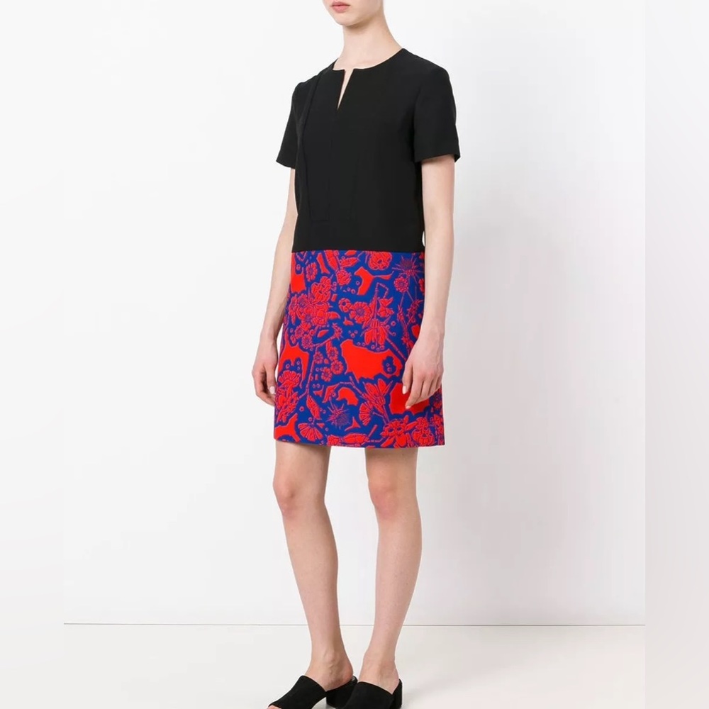 Carven Floral Slit Neck Shift Dress in Red/Blue/Black